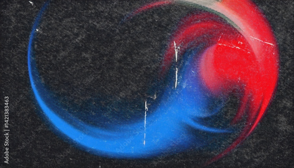 Poster abstract red and blue color swirl on dark textured canvas with scratched details for digital backgro