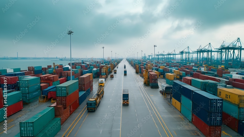 Poster aerial view of a bustling global trade terminal with rows of colorful cargo containers and towering 