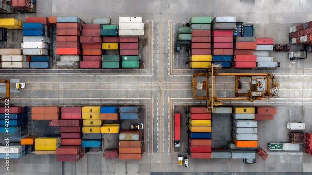 Poster Aerial view of a meticulously organized container yard with a geometric pattern of stacked multicolored cargo containers representing the efficiency and scale of global logistics