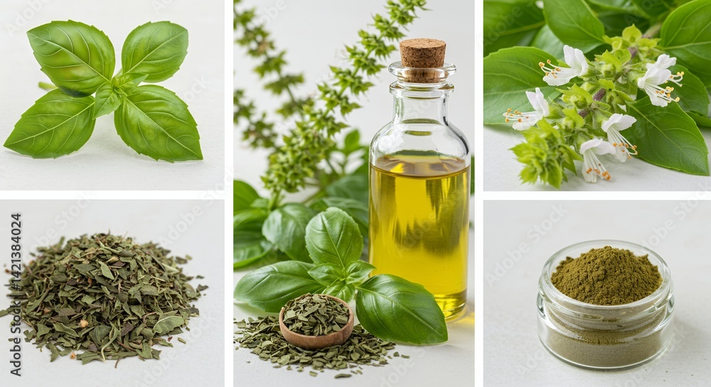 Poster derivative products mockup of basil ocimum basilicum highlighting leaf structure and flower clusters