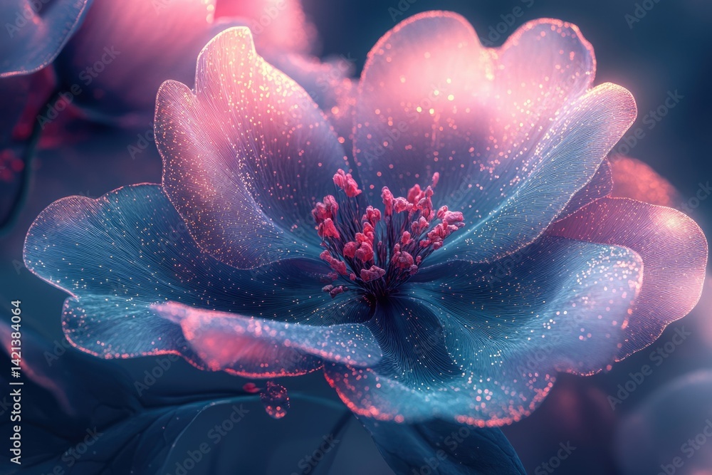 Poster a mesmerizing close-up of a luminous, ethereal flower with delicate, translucent petals and a vibran
