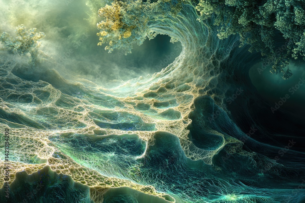 Poster a surreal, ethereal landscape with a wave-like structure resembling a tree, creating a dreamlike, ot