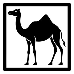 Camel walking through desert and beach in cartoon silhouette style