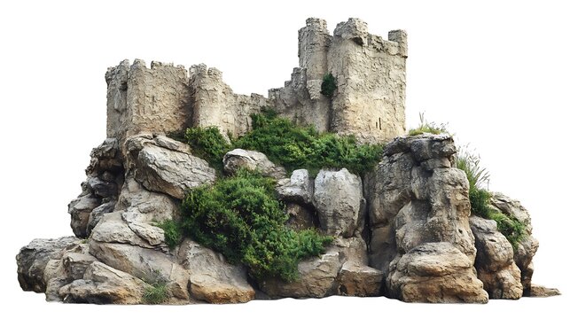 Crumbling stone castle perched atop a rocky outcrop with vegetation