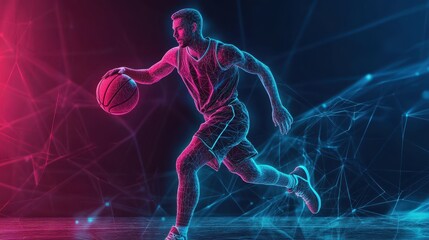 Dynamic basketball player in neon light, digitally enhanced.
