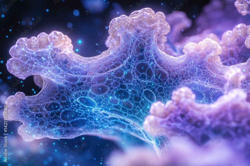 Poster intricate network of glowing cells, resembling a biological structure or fractal art.