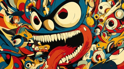 Obraz premium Colorful abstract cartoon face with sharp teeth and tongue