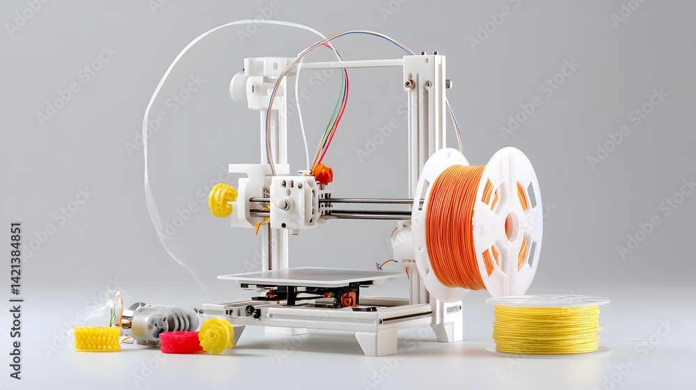 Poster An open frame 3D printer with a spool of colorful PLA filament isolated on a neutral background for a clean commercial presentation