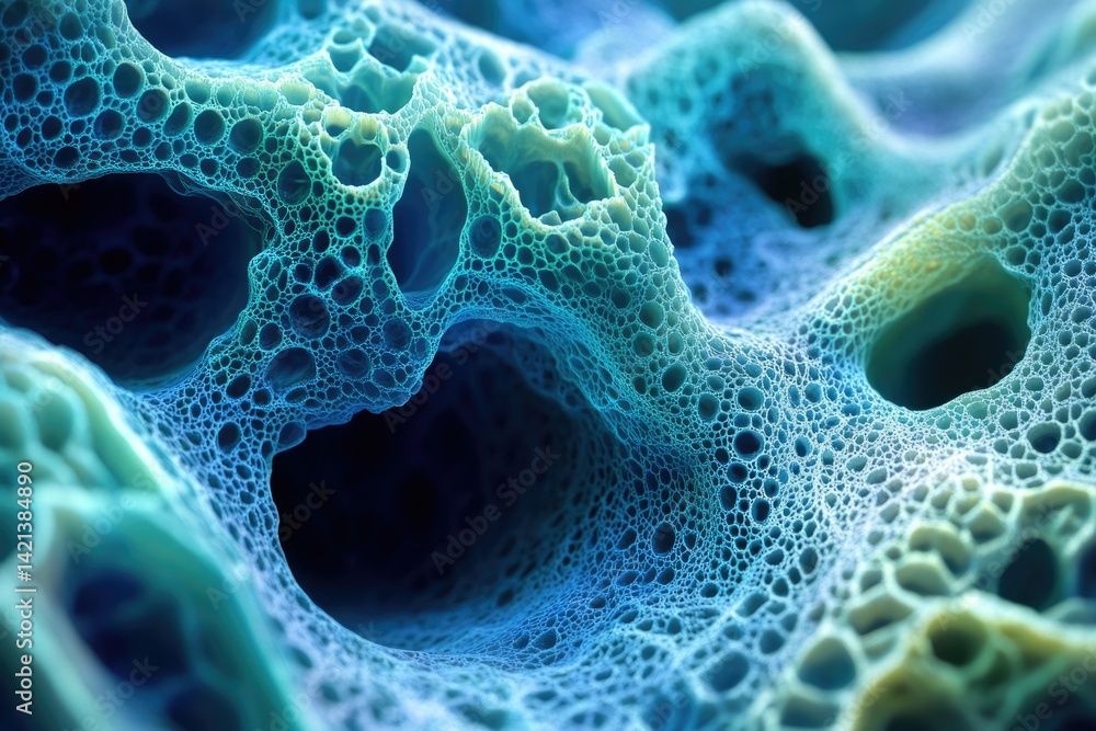 Poster Abstract 3D rendering of a porous, cavernous structure with interconnected bubbles, exhibiting a teal and blue color palette.