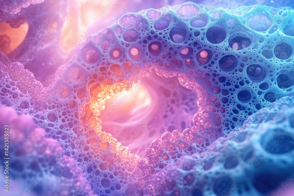 Poster abstract image of a vibrant, porous, and colorful structure resembling a tunnel or cavern.