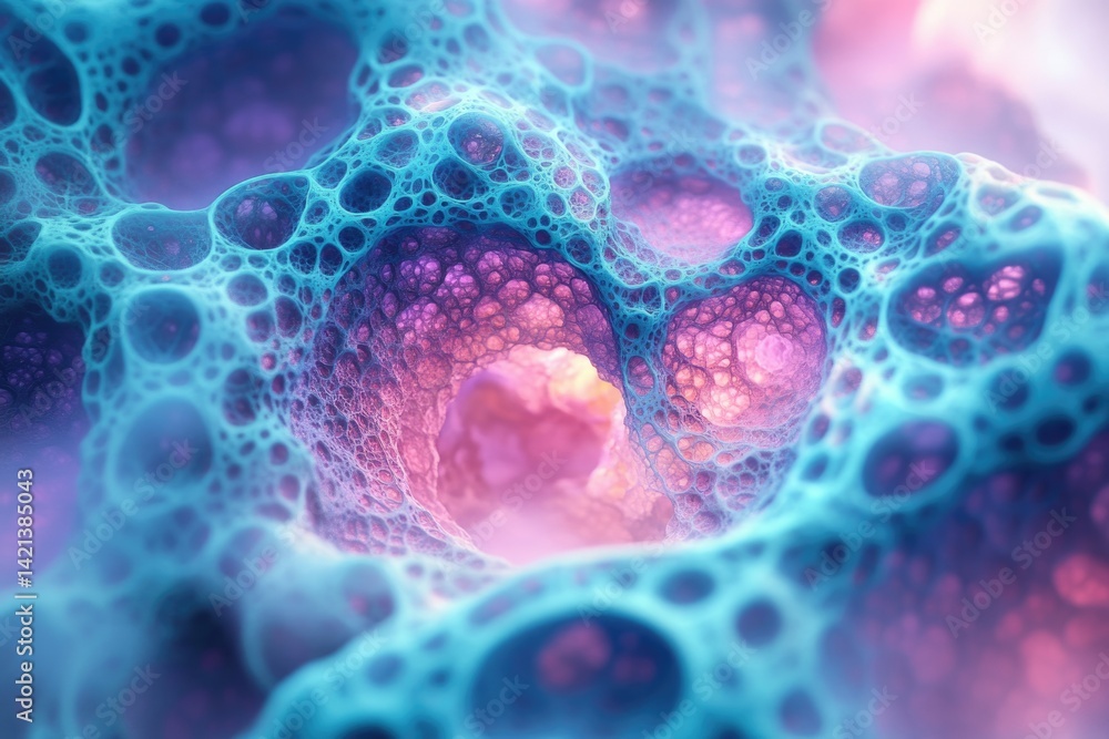 Poster abstract image depicting a vibrant, porous, bioluminescent structure resembling a cellular network o