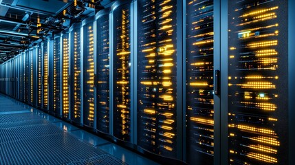 Modern data center interior featuring glowing server racks