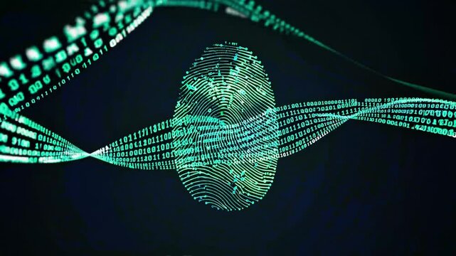 Abstract data visualization with green binary code spiraling into a fingerprint shape on dark background