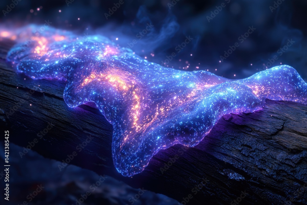 Aufkleber glowing bioluminescent substance flows over a dark log, creating a magical, ethereal scene.
