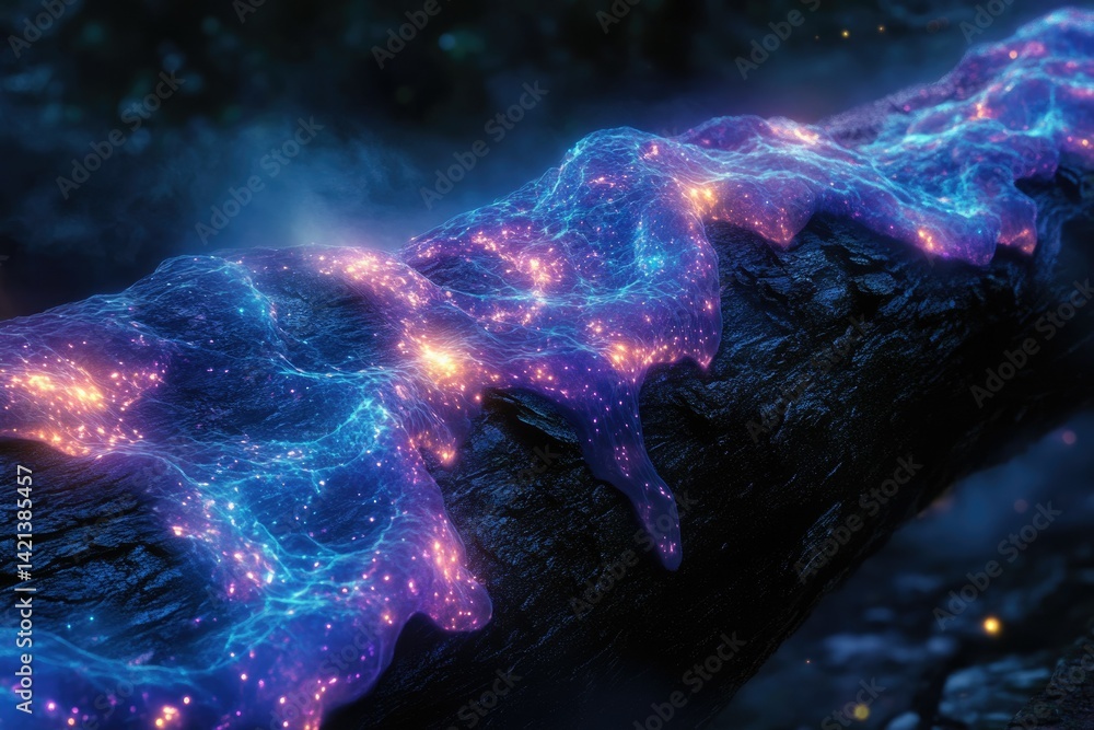 Poster glowing bioluminescent substance flows over dark, damp log at night, creating a magical, ethereal sc