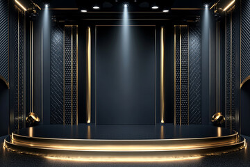 Luxurious empty stage with golden accents and dramatic spotlights, representing prestige, elegance, and anticipation for a grand performance or announcement