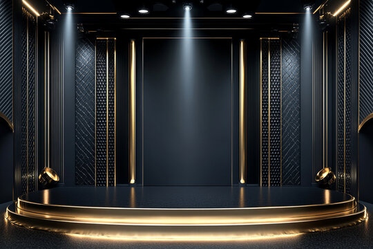 Luxurious empty stage with golden accents and dramatic spotlights, representing prestige, elegance, and anticipation for a grand performance or announcement