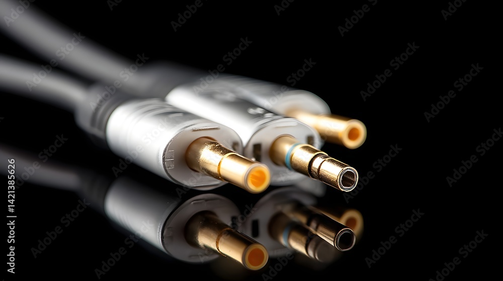 Poster close up of a audio cable splitter with multiple gold plated connectors showcased against a dark ref