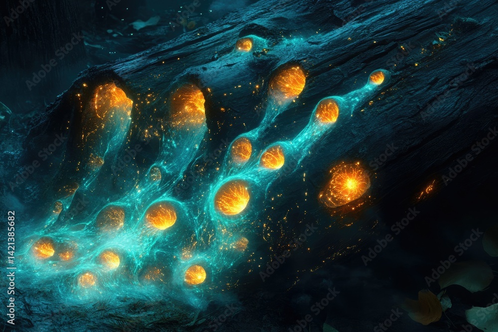 Poster glowing orbs pulsate within a dark, cavernous log, creating a surreal, otherworldly scene.