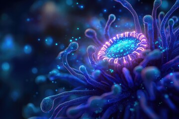Microscopic view of a vibrant, bioluminescent organism with intricate, tentacle-like structures.