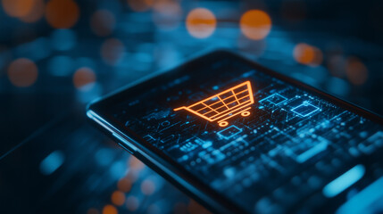 On a blue smartphone screen, an eye-catching orange shopping cart icon stands out, representing a fast and convenient digital shopping experience, e-business technologies, and onli