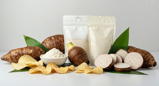 Derivative Products Mockup of Taro Colocasia Esculenta Depicting Tuber and Leaf Shape on Clean Background