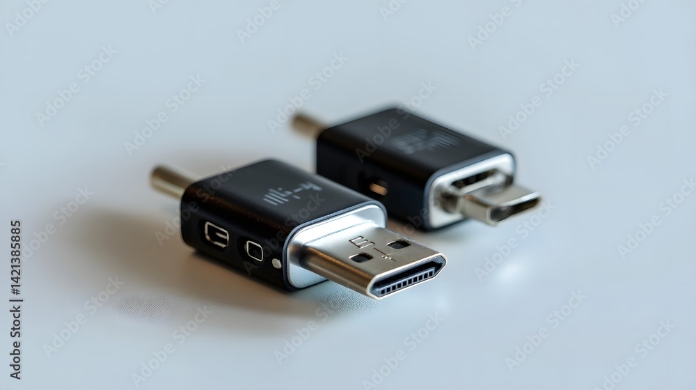 Poster Close up of a compact dual USB C to HDMI adapter on a minimal studio style gray background emphasizing its simple and efficient design