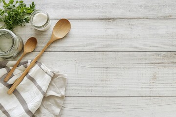 Eco-friendly kitchen utensils on wooden surface with left-side copy space. Perfect for sustainability content or product ads. High-resolution. AI generated image.
