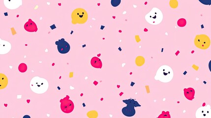 Delightful Pink Background with Cute Cartoon Characters and Confetti: A Playful Design