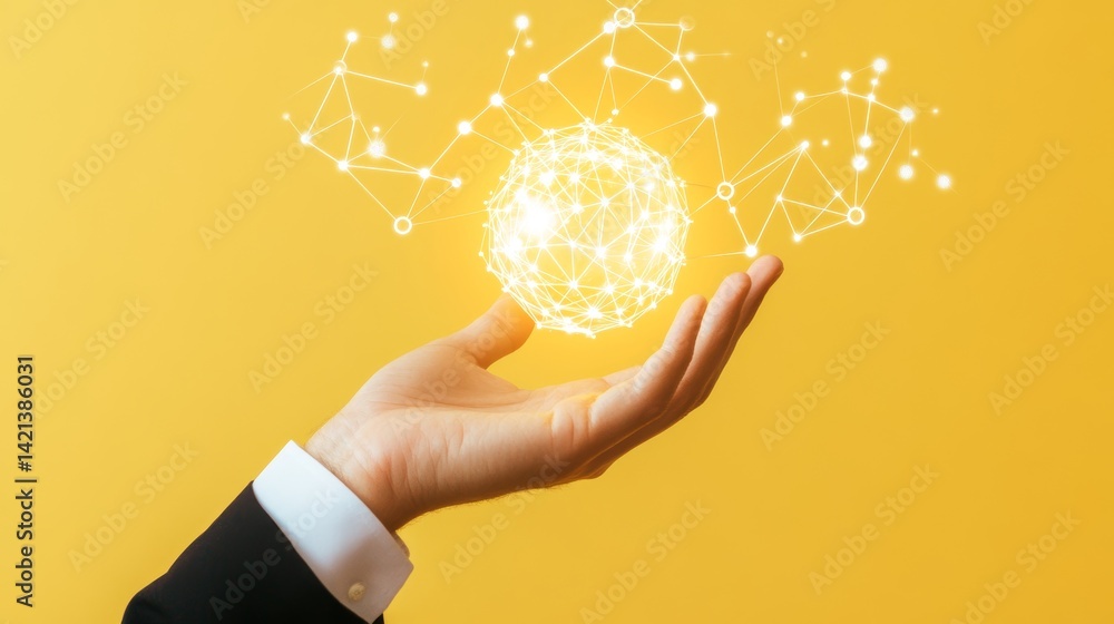 Poster data insights: hand holding a glowing network orb on yellow background representing powerful analyti