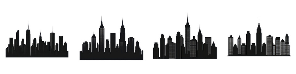 Silhouette of a modern city skyline with high-rise buildings. long_title:Silhouette of a dense, modern city skyline featuring a cluster of tall