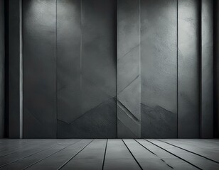 Modern industrial backdrop with textured gray walls and wooden floor for creative projects.