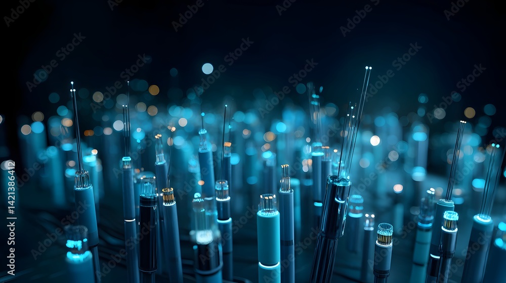 Leinwandbilder close up of the illuminated tips of fiber optic cables against a dark blurred background creating a 