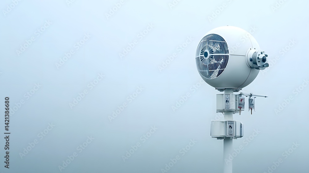 Poster Close up shot of a rotating anemometer device used to precisely measure wind speed and direction for meteorological and industrial applications