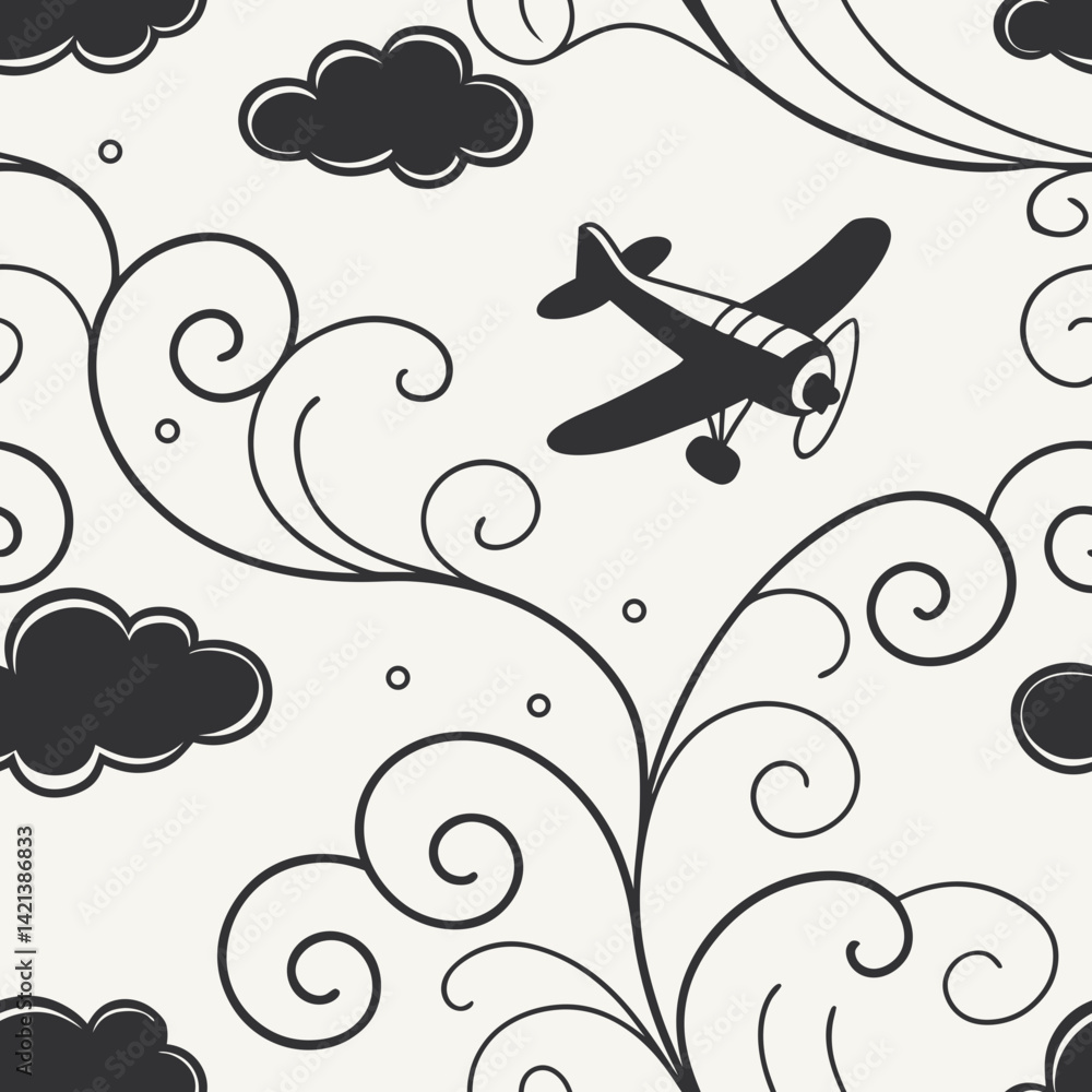 Aufkleber seamless vector pattern featuring airplane and clouds