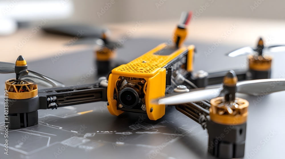 Poster close up view of a 3d printed drone with custom made mechanical parts and electronic components