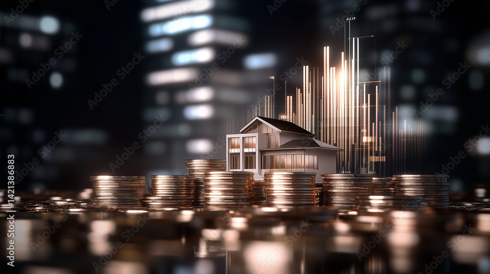 Poster modern architectural house model on shiny stacked coins with bar chart elements rising behind it, sh