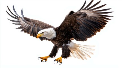 Fototapeta premium A majestic bald eagle soaring gracefully with its wings spread wide.