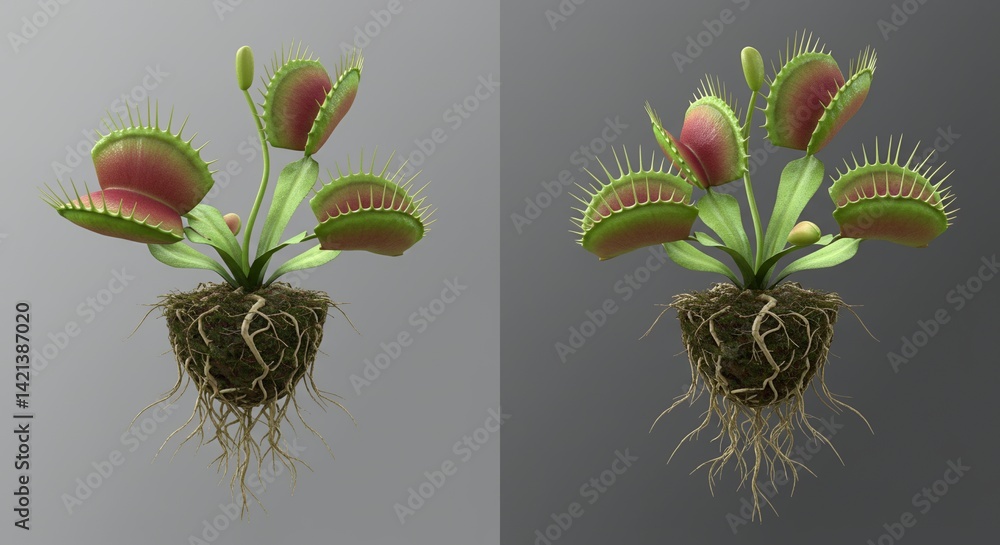 Poster detailed venus flytrap mockup displaying trap mechanism and root system on split grey background