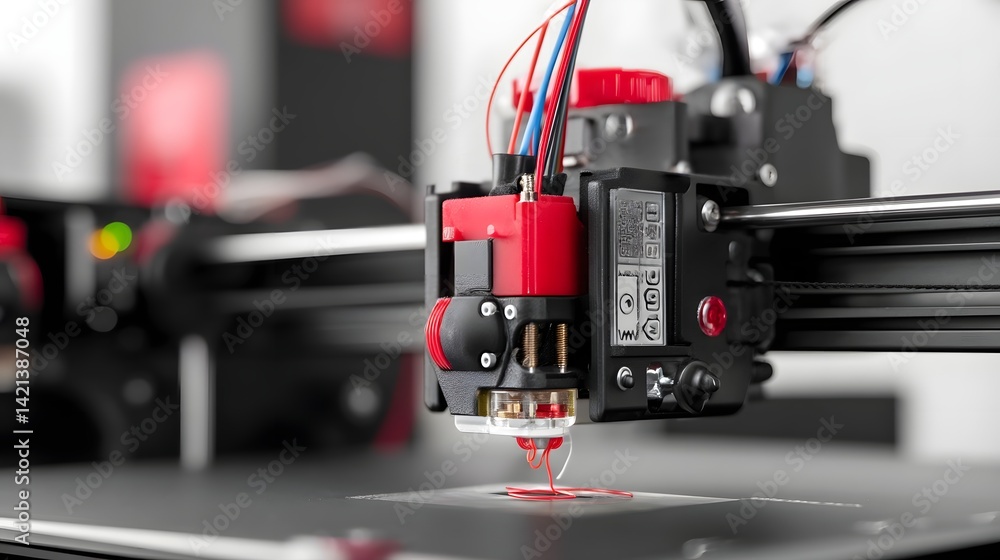 Poster close up view of a 3d printer extruder head with the nozzle depositing molten pla filament to create