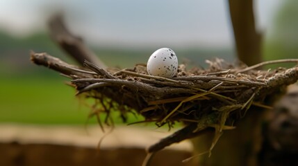Solitary speckled egg resting in a carefully crafted birds nest outdoors