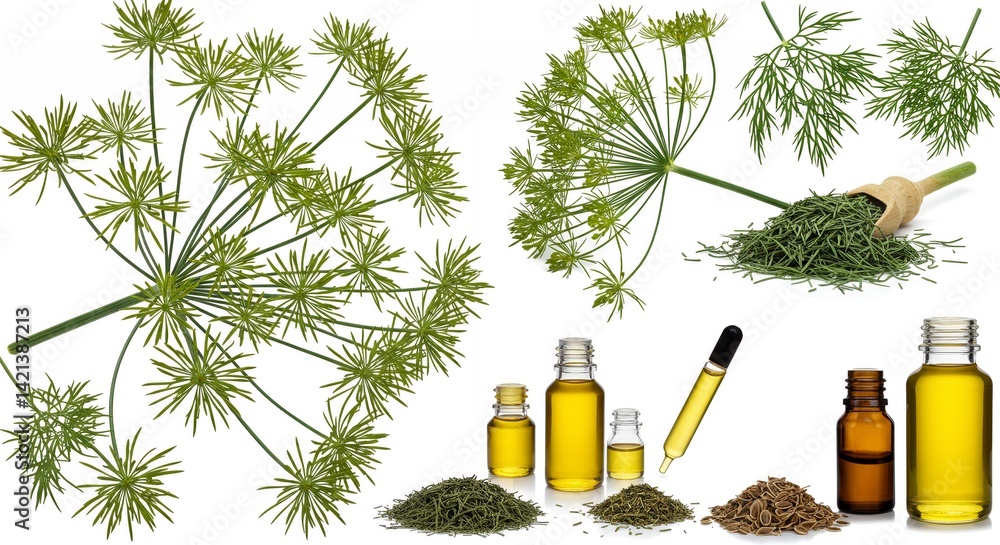Poster dill anethum graveolens derivative products mockup displaying detailed leaf structures and seed deve