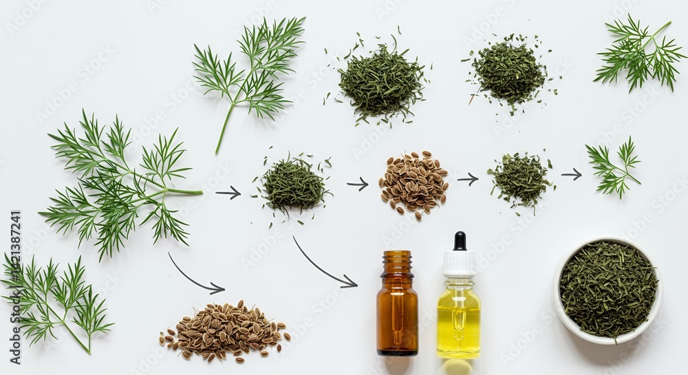 Poster dill anethum graveolens herb derivative products mockup displaying leaf structure and seed developme