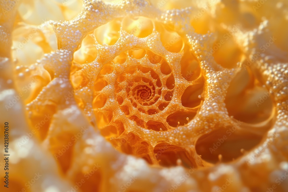 Aufkleber intricate golden spiral structure resembling a honeycomb or seashell, detailed macro photography.
