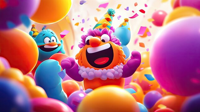 Joyful Celebration: Two Festive Monsters Amidst a Cascade of Colorful Balloons and Confetti