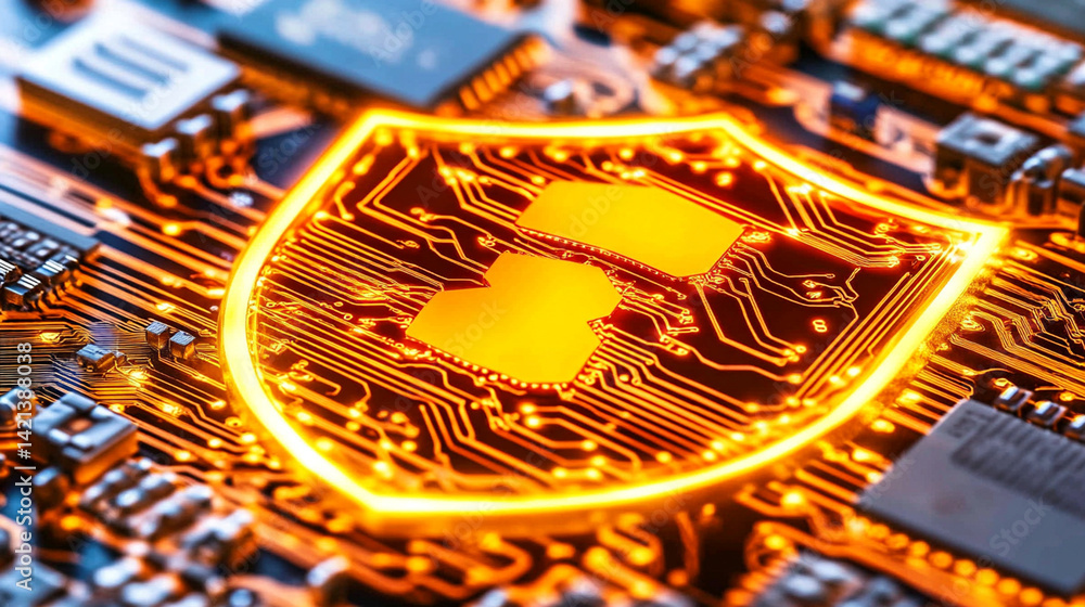 Poster futuristic shield icon overlaying glowing digital circuitry tech environment close-up view cybersecu