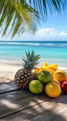 Tropical fruit, beach scene, wooden surface, sunlight.