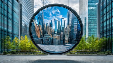 Cityscape reflected in metal circle modern architecture urban design infrastructure abstract art and minimalism background of glass buildings and green trees 