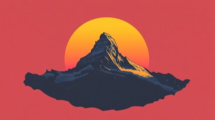 Minimalist vector art illustration of a single majestic mountain with a smooth gradient of sunset colors in warm orange, pink and purple tones against a clean negative space background.