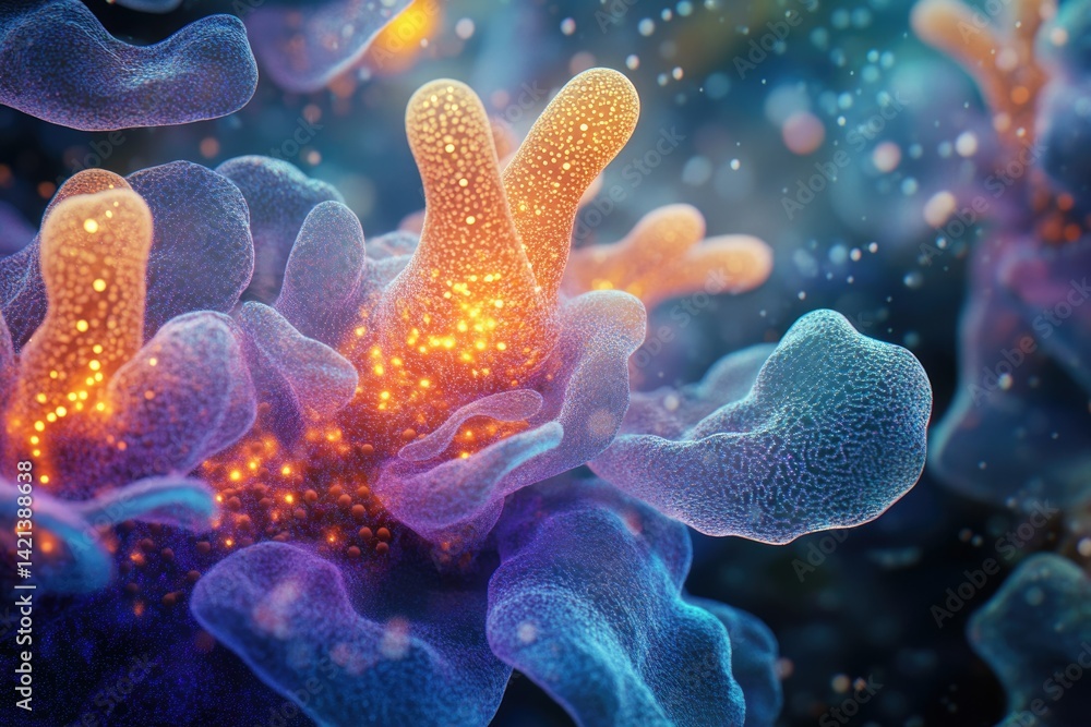 Poster microscopic view of vibrant, glowing cellular structures, intricate details highlighted.